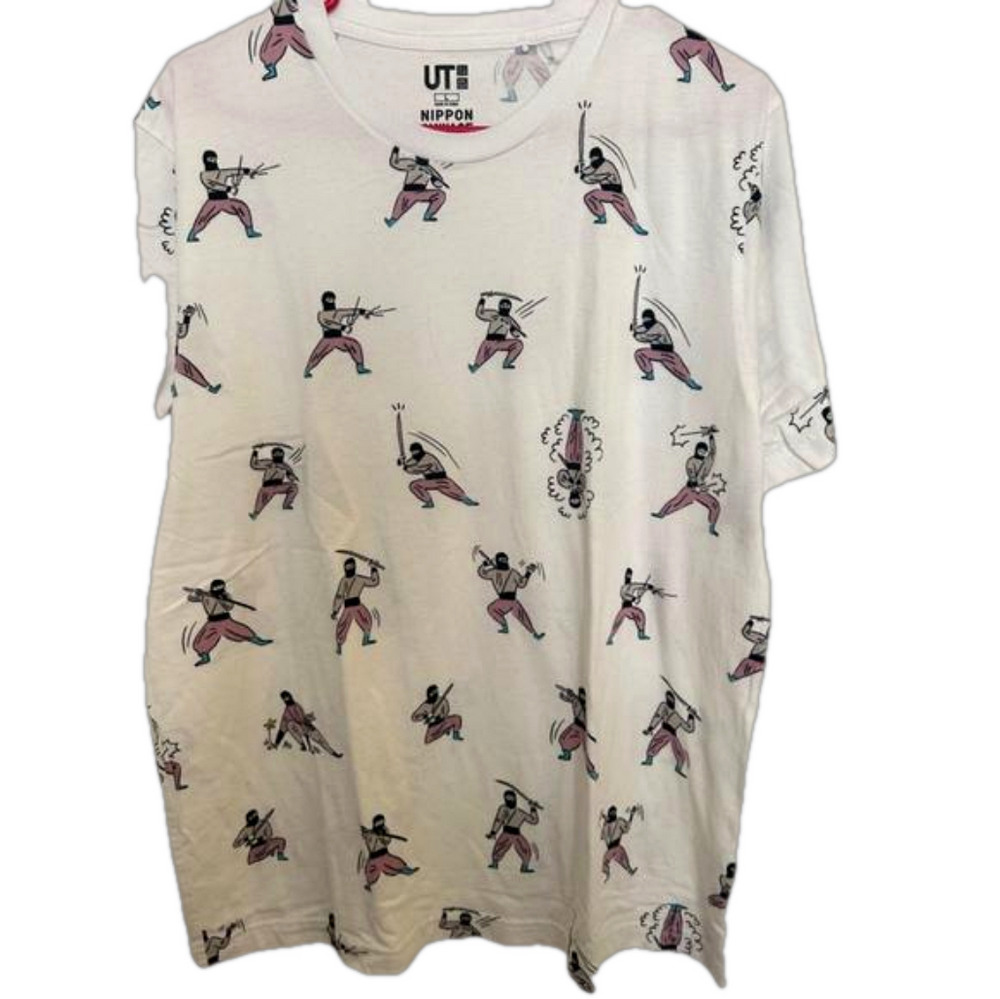 Men's Uniqlo T-Shirt, Size L, White Nippon Omivage Ninja Print Special Edition